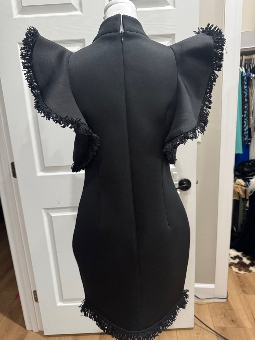 Black Fringed Bow-Detail Sheath Dress - Picture 4 of 4